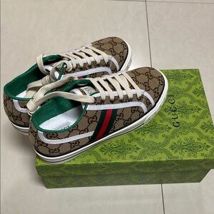 Gucci Brown Monogram Sneakers with Red and Green Accents